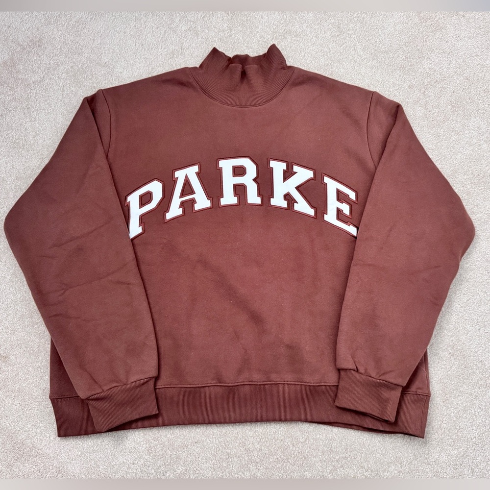 NWT Parke Fleece Varsity Turtleneck Sweatshirt  in Mocha + White L/XL - Picture 2 of 9